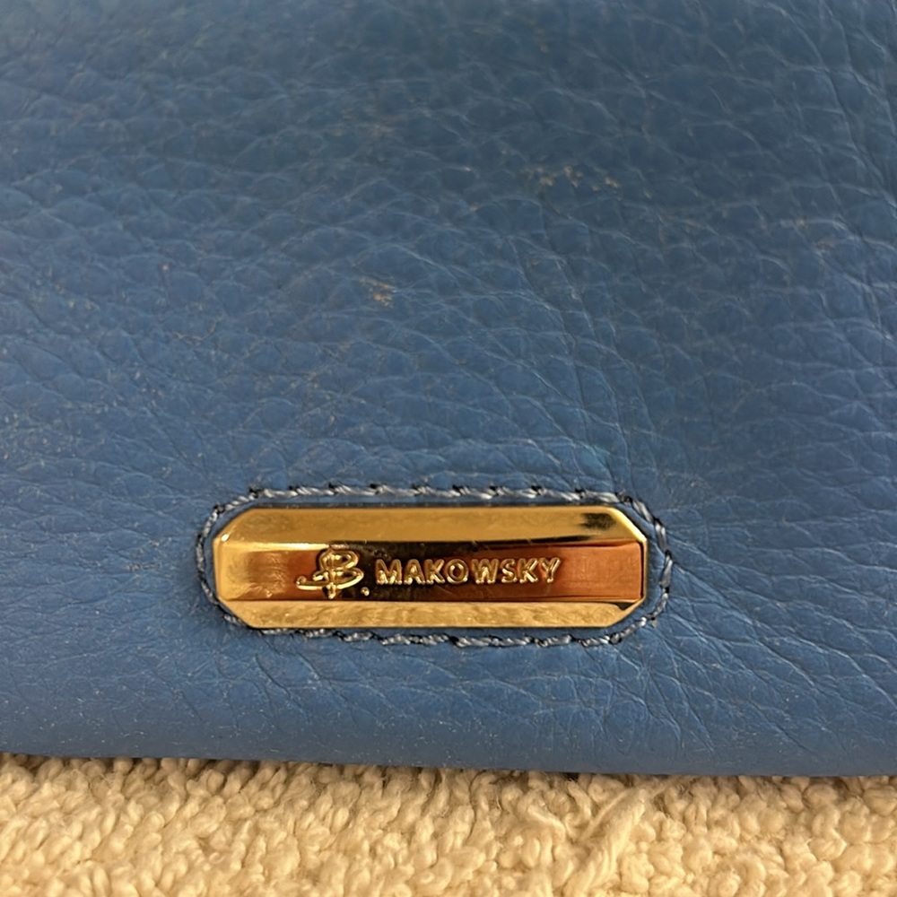 b. Makowsky Blue Leather Full Zip Wristlet Card Holder Wallet Detachable Strap - Picture 3 of 12